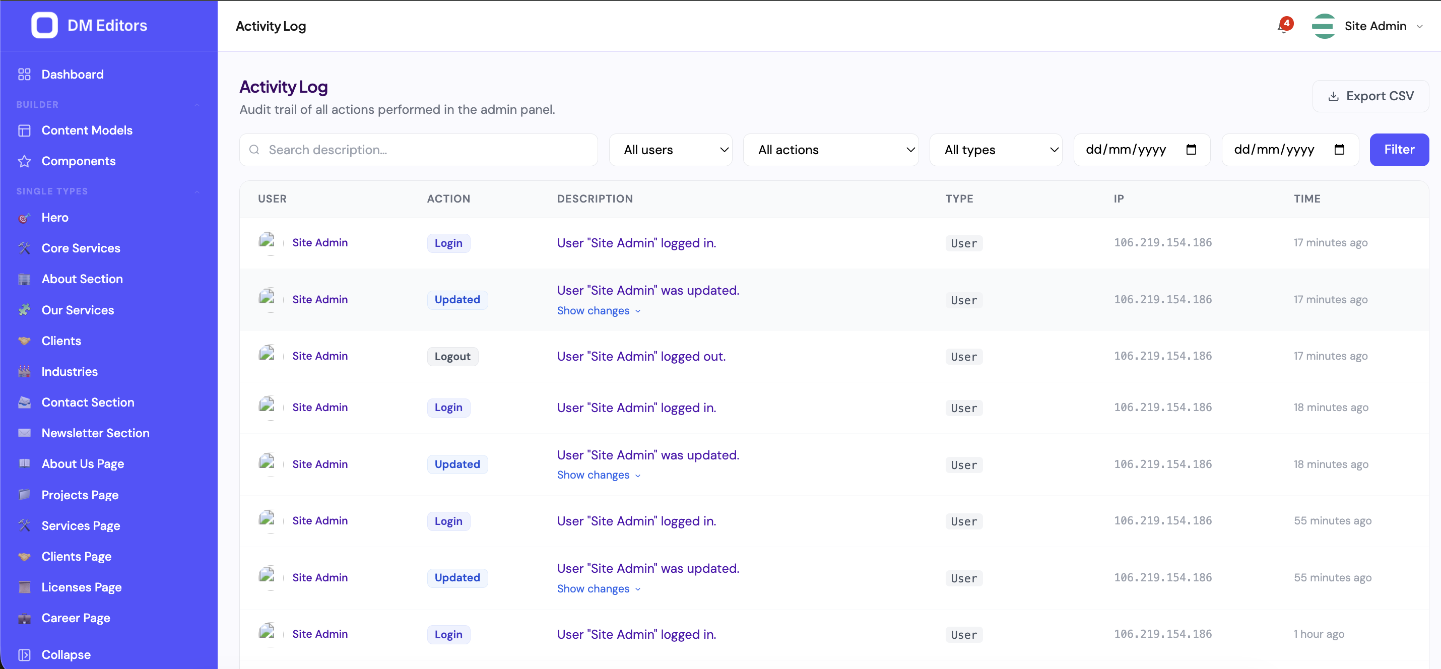 Log-style table — webhook deliveries appear in the same row layout with event, time, status, and attempt