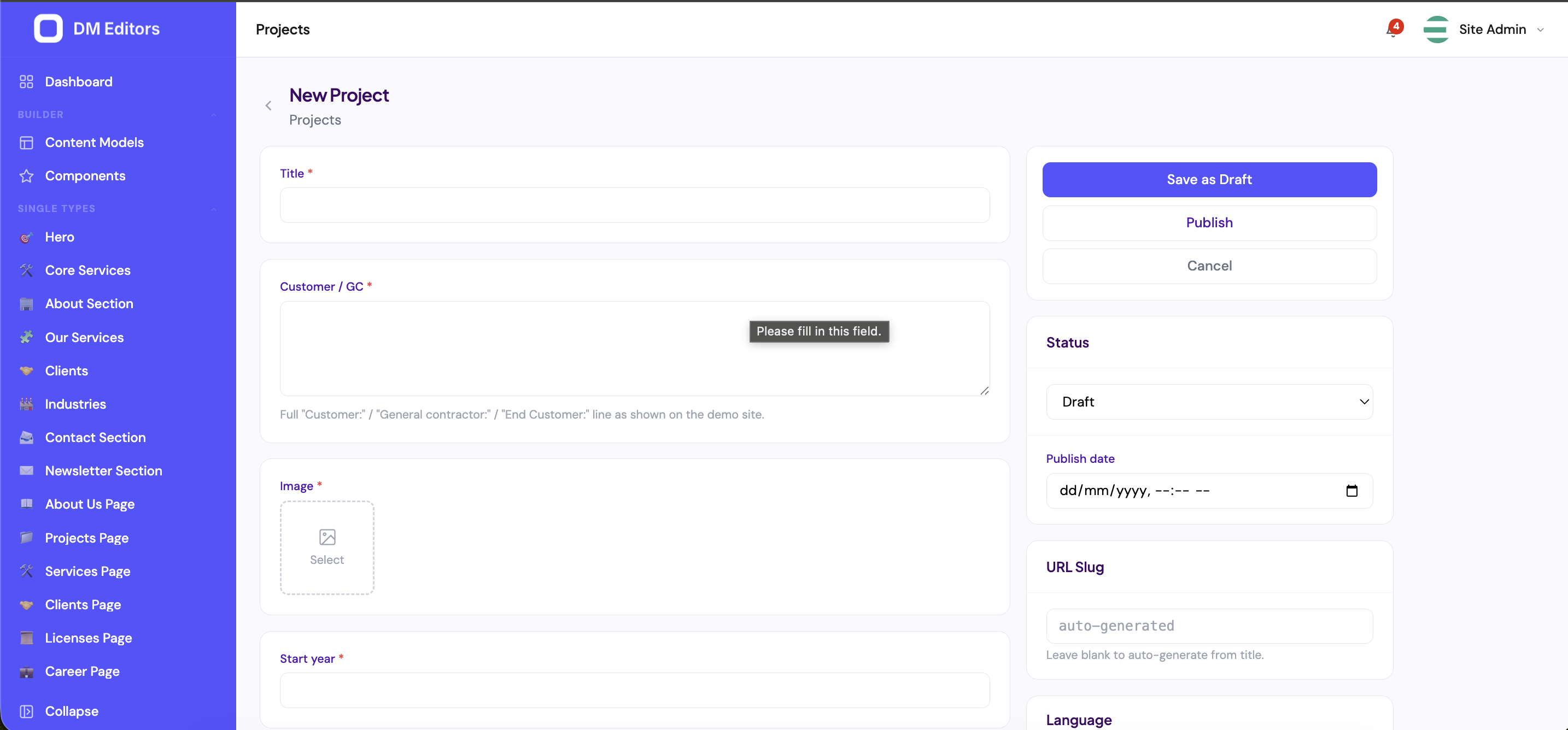 Entry editor — when localized, the side panel exposes a Language selector for the translated version