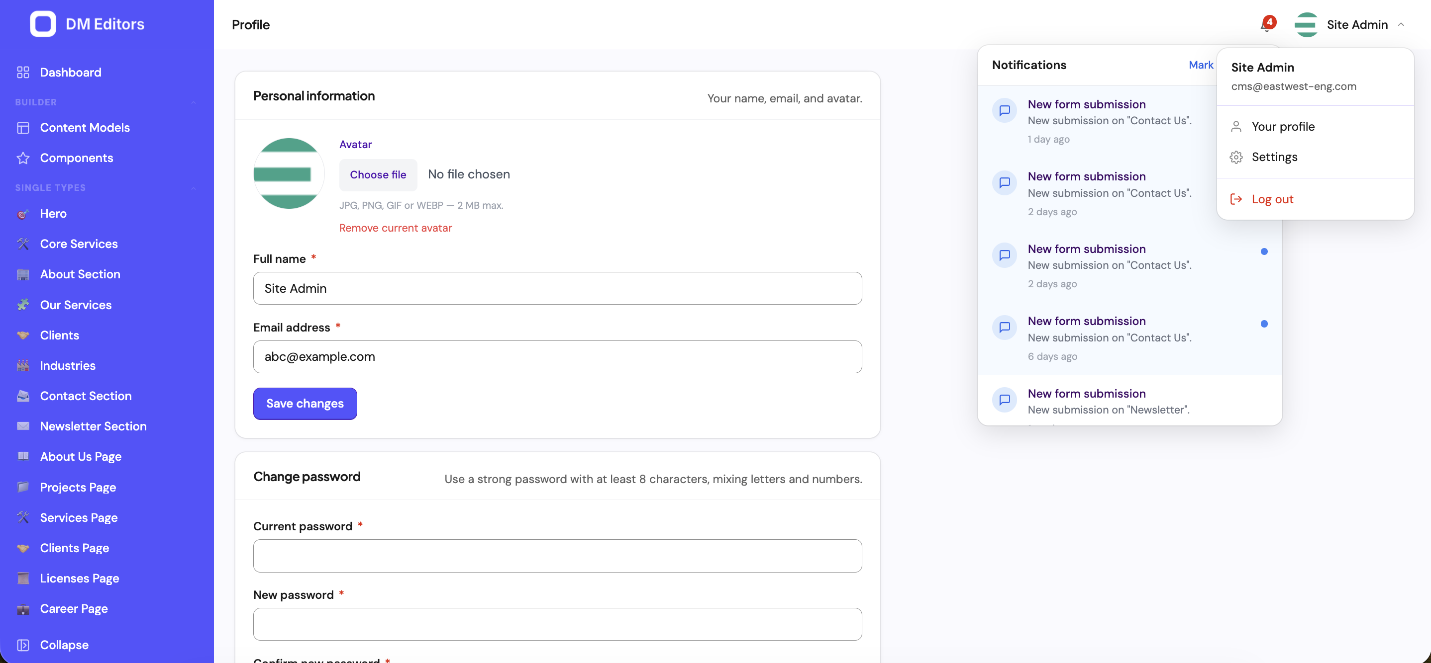 Avatar dropdown in the top-right corner showing Your profile, Settings, and Log out